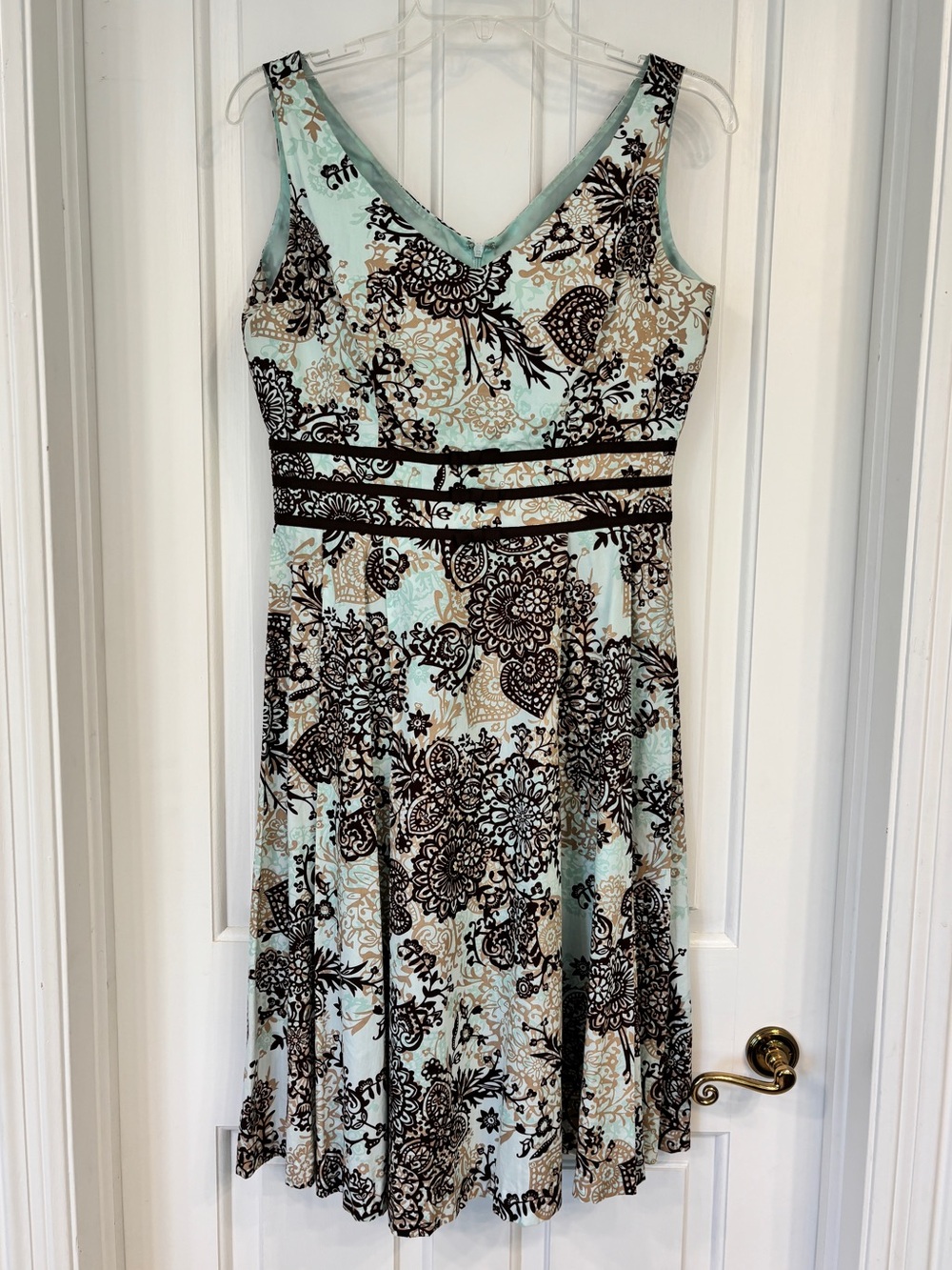Retro Mint & Brown Paisley V-Neck Sleeveless Cotton Midi Summer Dress Bow Belt